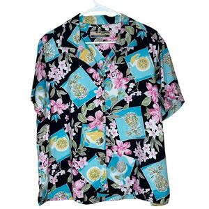 Sunset Cove VTG XL Tropical Pineapple Citrus Floral Rayon Camp Shirt Black Teal